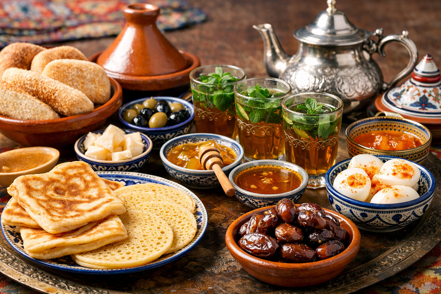 Gedekte Marokkaanse ontbijttafel met msemen, baghrir, brood, dadels, olijven, eieren en muntthee in glazen