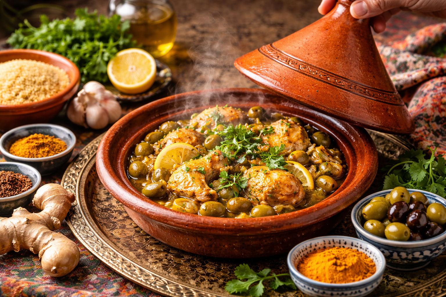 Aardewerk tajine met opgetild deksel, gevuld met kip, olijven en citroen, omringd door kruiden en specerijen