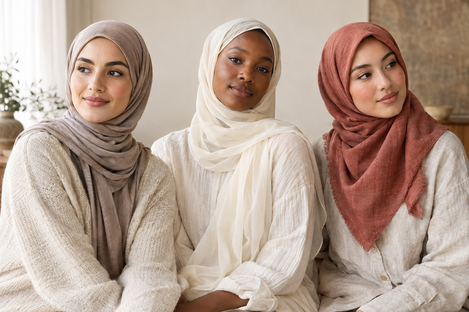 Drie vrouwen met hoofddoeken in taupe, gebroken wit en terracotta van zachte, vloeiende stoffen