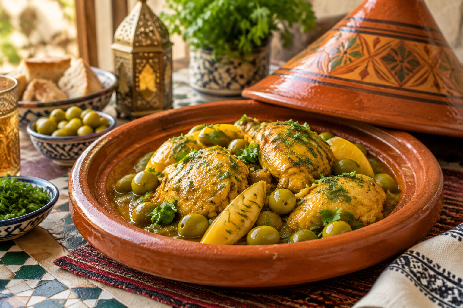 Aardewerk tajine met kip, groene olijven en ingelegde citroen, het deksel ernaast