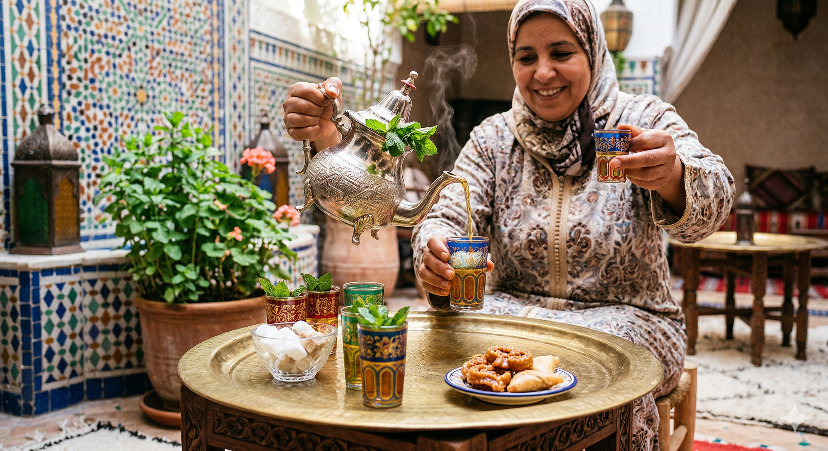 Vrouw schenkt muntthee uit een zilveren Marokkaanse theepot aan een koperen tafel in een betegelde binnenplaats