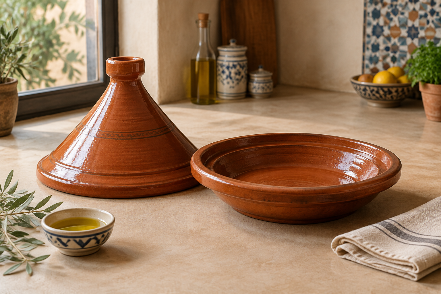 Aardewerken tajine met het deksel ernaast op een keukenwerkblad