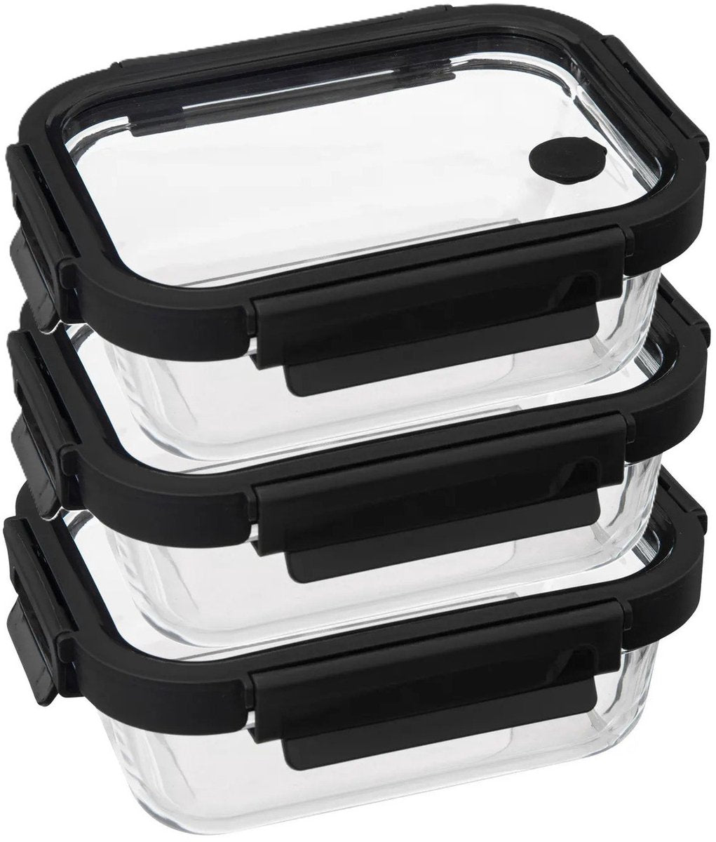 5Five Food storage container with lid - 3x - glass - airtight - with clips - 19 x 14 x 7 cm - 500 ml - black / transparent