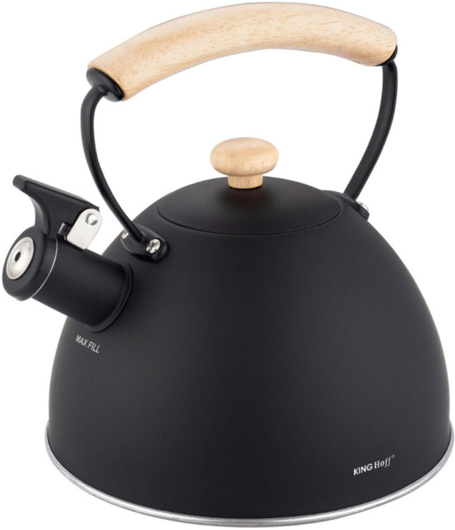 Kinghoff fluitketel 2,5 liter – RVS, mat zwart met houten handgreep, inductie