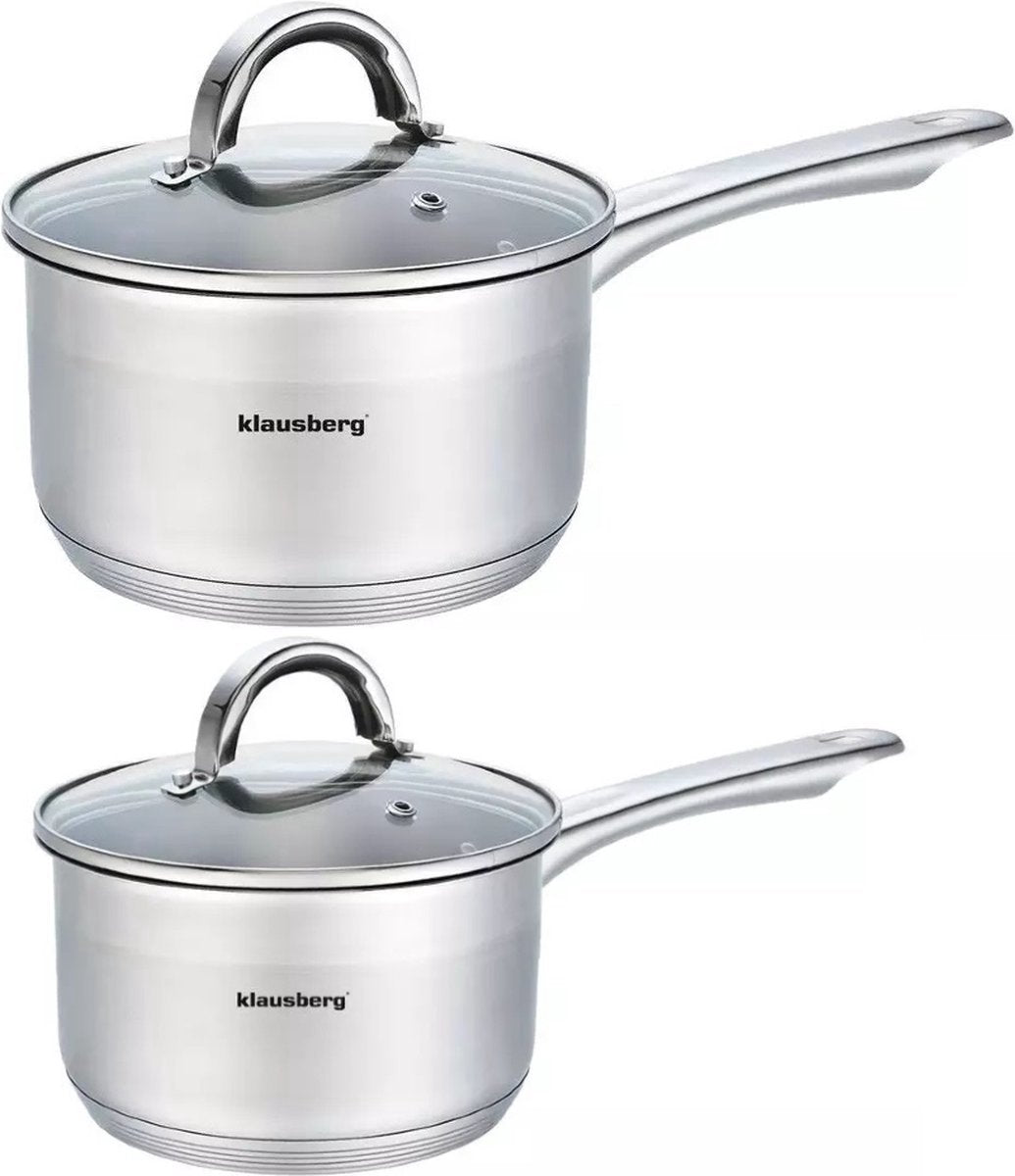2 x steelpan / sauspan - steelpan met glazen deksel - Ø14 en Ø16 cm - RVS - 1 liter en 1,5 liter