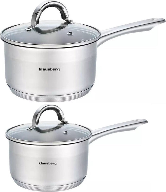 2 x casserole / casserole à sauce - casserole avec couvercle en verre - Ø14 et Ø16 cm - Acier inoxydable - 1 litre et 1,5 litre