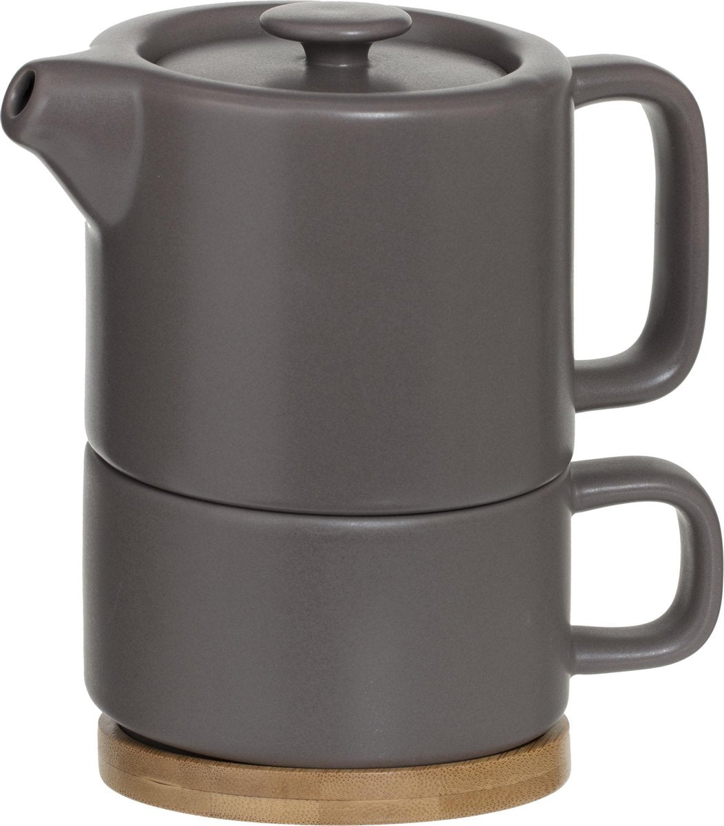 Secret de Gourmet 3-in-1 theepot met kopje en onderzetter – keramiek, taupe