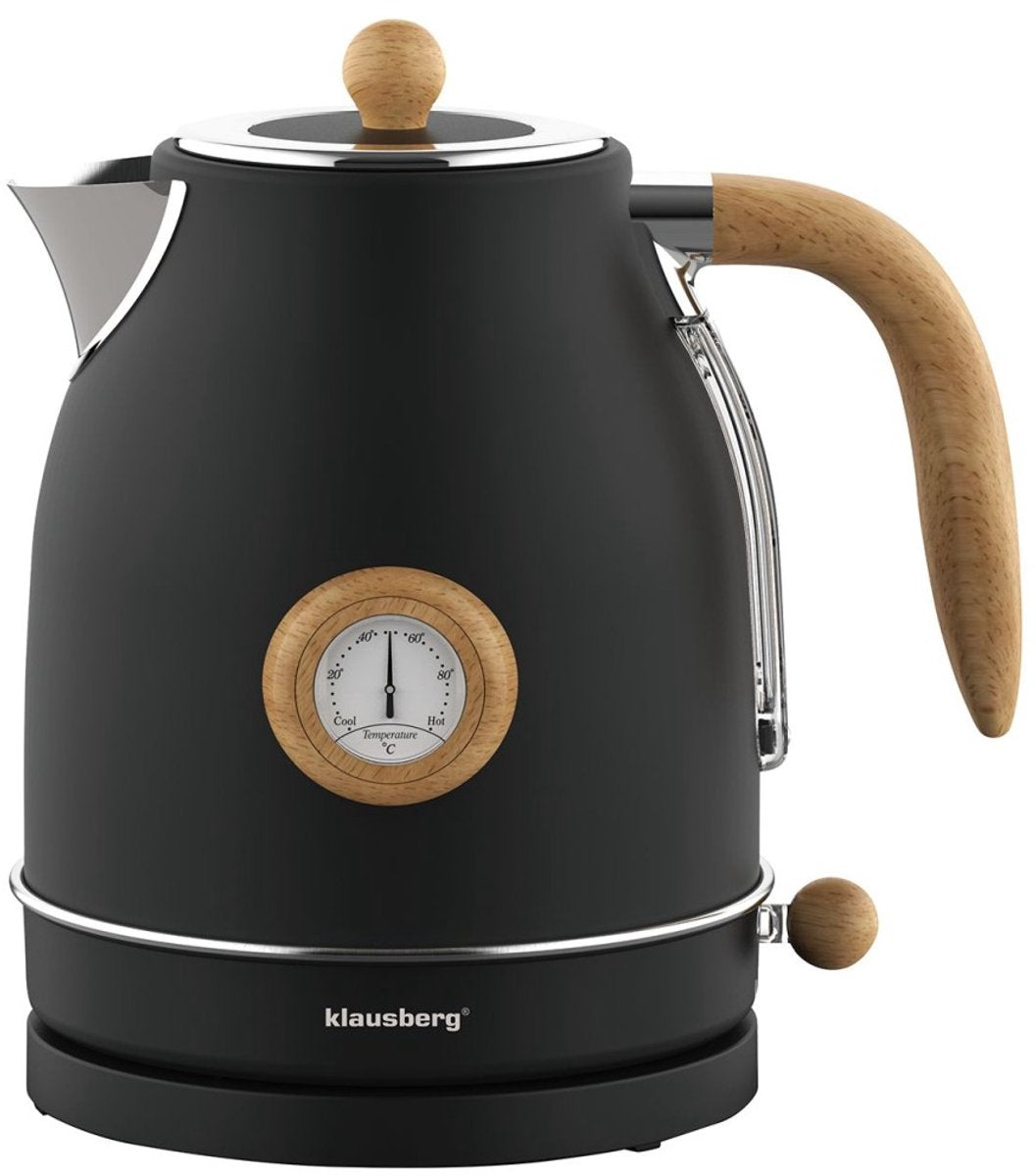 Klausberg 7907 retro waterkoker 1,7 liter – RVS, zwart met thermometer