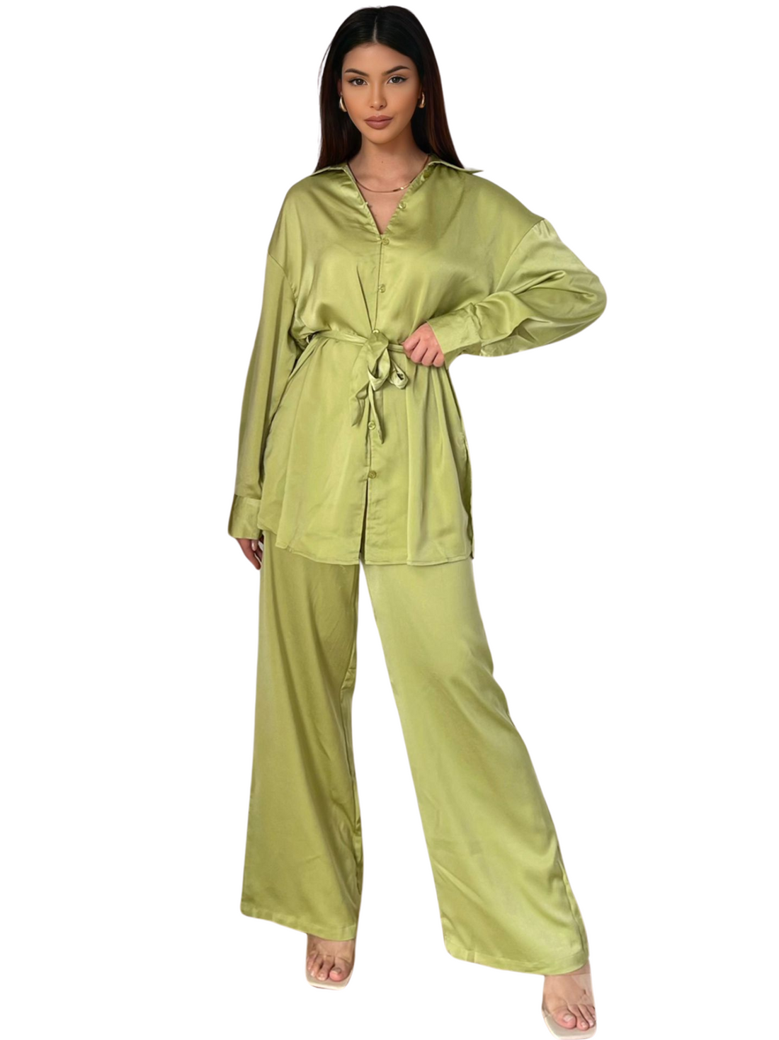 Demi set – tweedelige outfit met blouse en broek, lime – foto 3