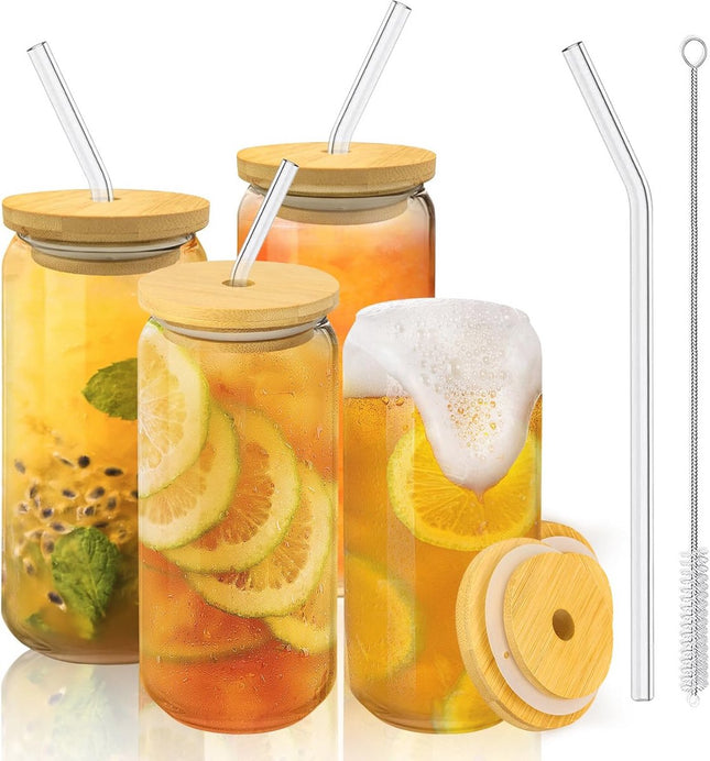 Bubble tea glazen set van 4 – 500 ml met bamboe deksel en rietje