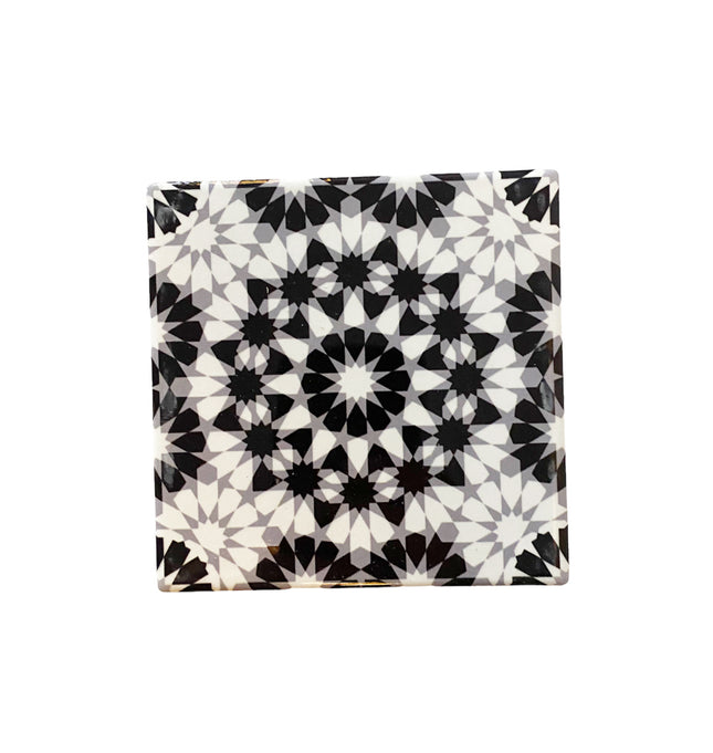 Marokkaanse onderzetters van keramiek – zwart-wit mozaïekprint, Ø 10,5 cm