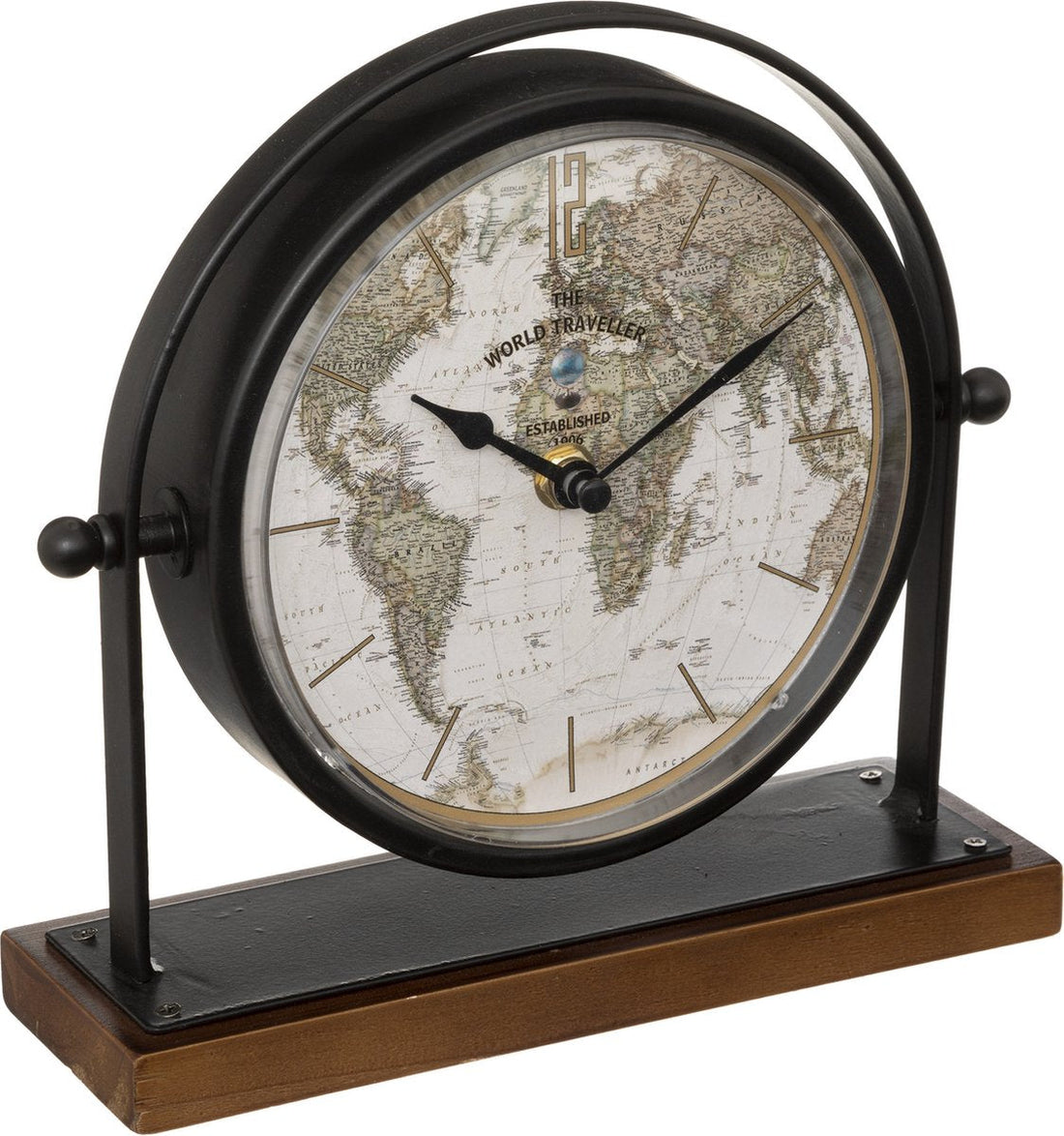 Atmosphera tafelklok Earth Map zwart – staande klok op standaard, 21 cm hoog