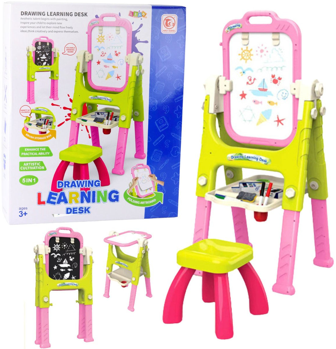 5-in-1 Learning Board with Chair - Children's Drawing Desk with Whiteboard & Blackboard - Adjustable Writing Board with Storage Compartment - Educational Toy for Drawing and Writing - Includes Stool - Chair