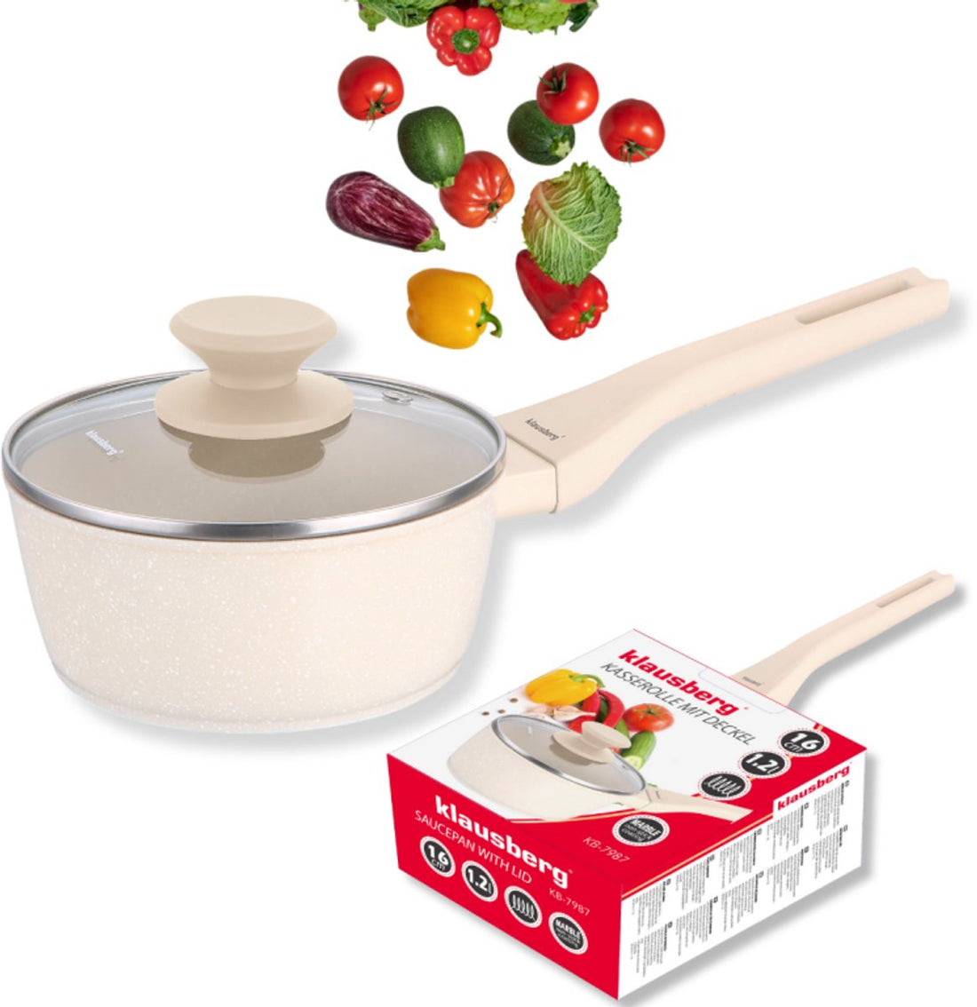 Klausberg KB-7987 steelpan met glazen deksel – 16 cm, 1,2 liter, crème