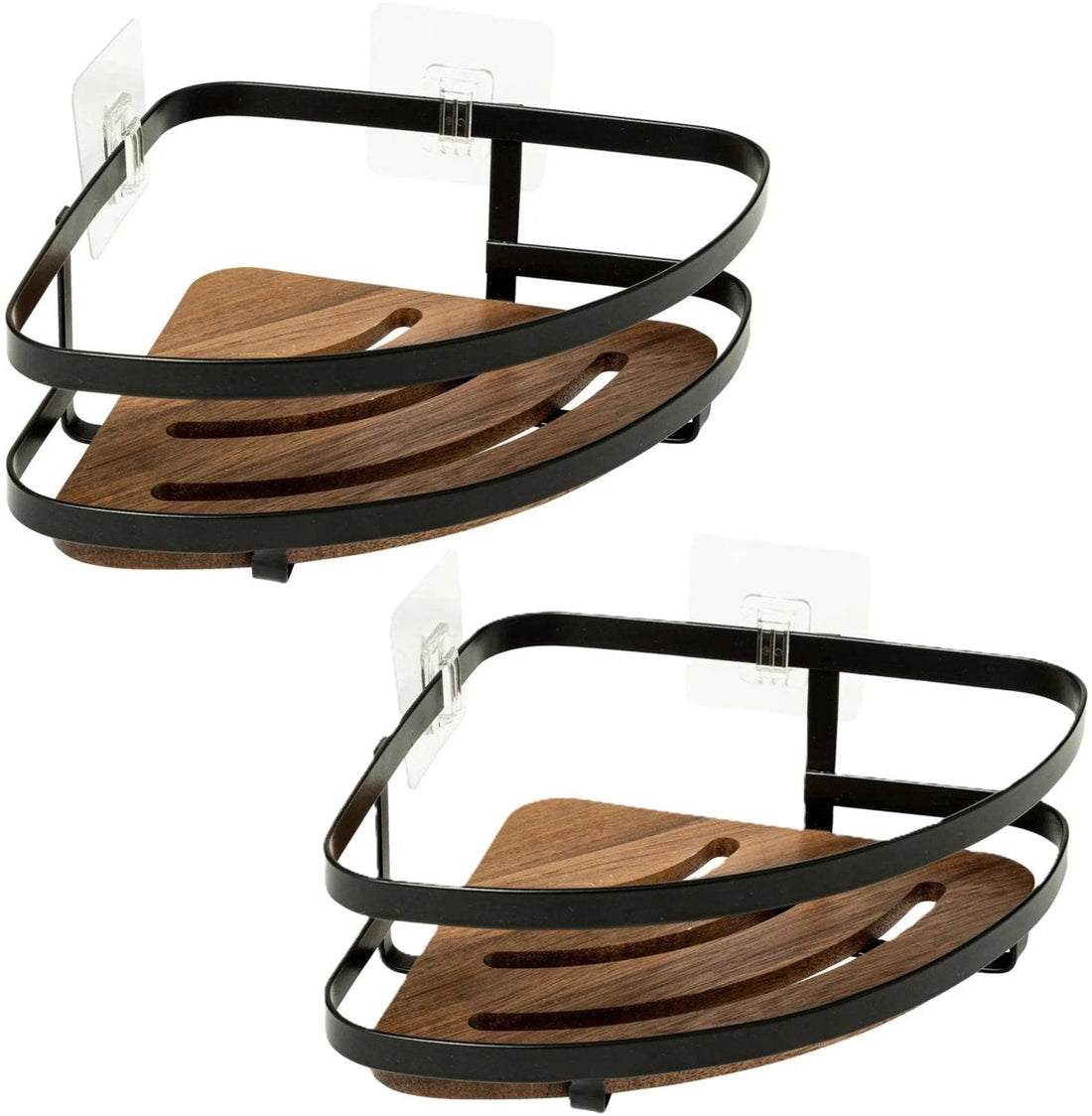 5Five Étagère de douche pour salle de bain - 2x - métal noir/bois d'acacia - bande adhésive - 20 x 20 x 7 cm - installation en angle