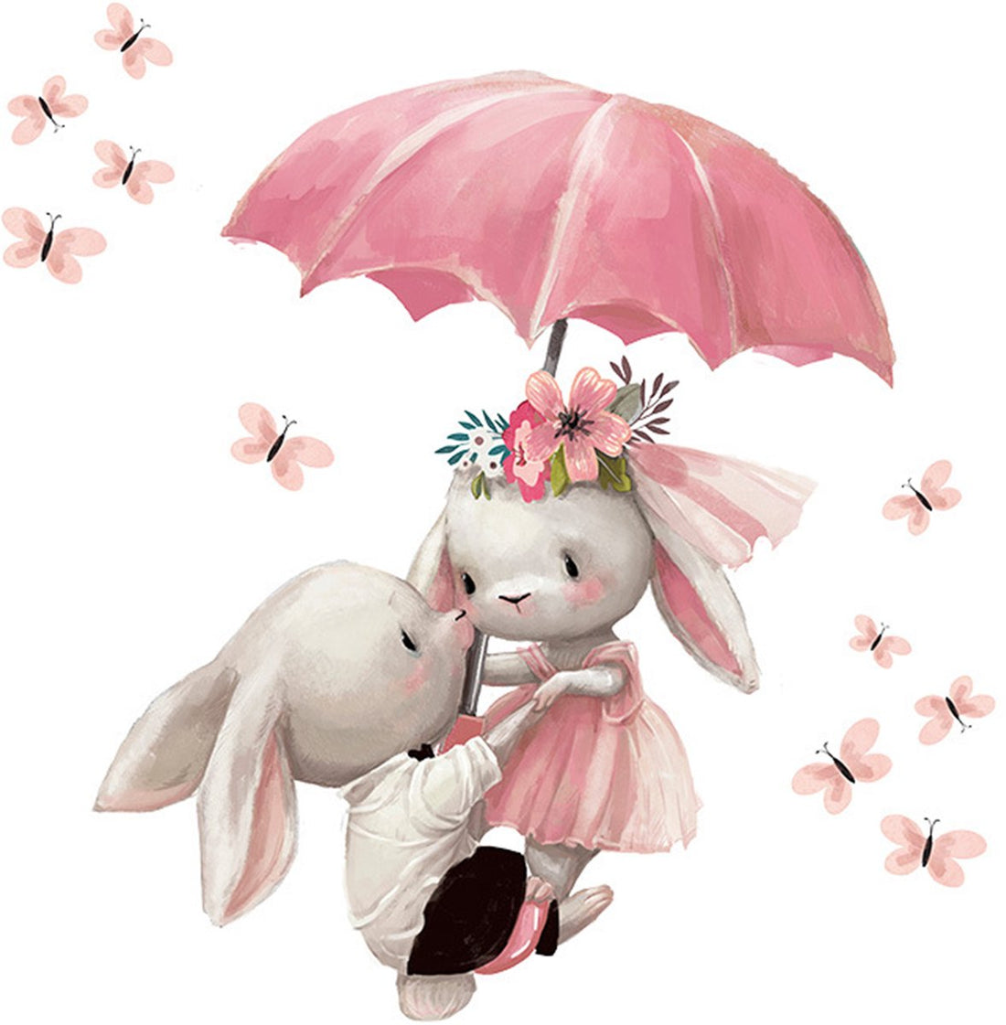 Wandsticker konijntjes met paraplu – muursticker kinderkamer, 64 x 62 cm