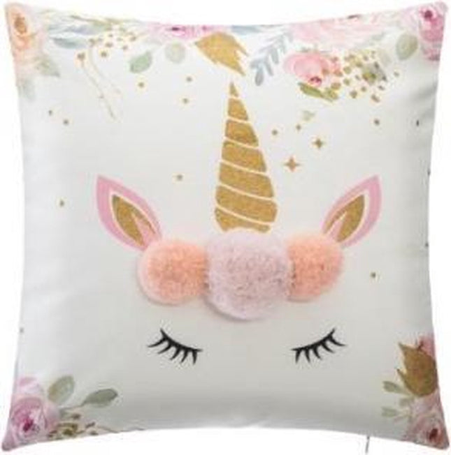 Unicorn kussen met gekleurde pompons – zacht eenhoornkussen voor de kinderkamer