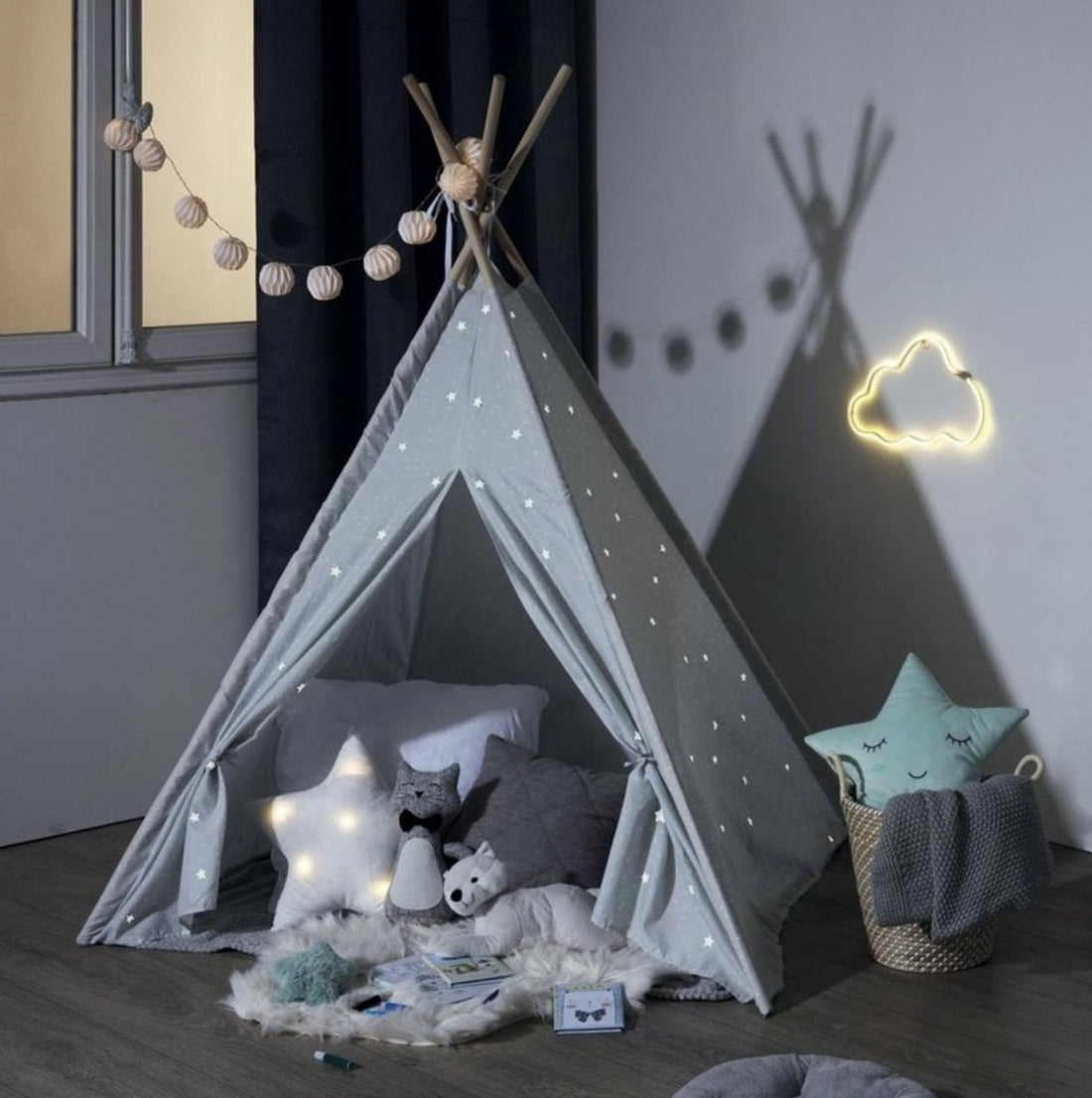Atmosphera Kids tipi speeltent – wigwam blauw met sterren, 160 cm, katoen