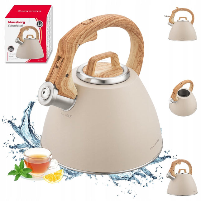 Klausberg KB-7954 fluitketel 2,5 liter – beige mat, houtlook handgreep, inductie