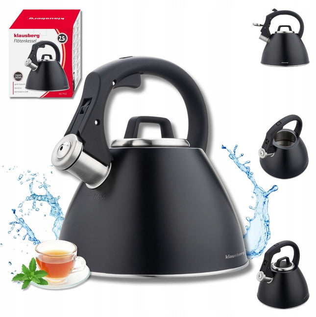 Klausberg KB-7952 fluitketel 2,5 liter, zwart mat – soft-touch greep, inductie
