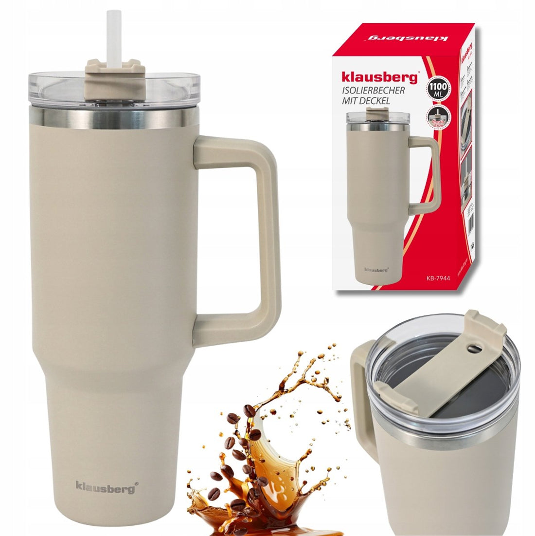 Klausberg KB-7944 Thermal Mug - 1100 ml - Light Beige - Double-Walled Vacuum Insulation - With Handle and Lid - Thermos Mug - Insulated Mug