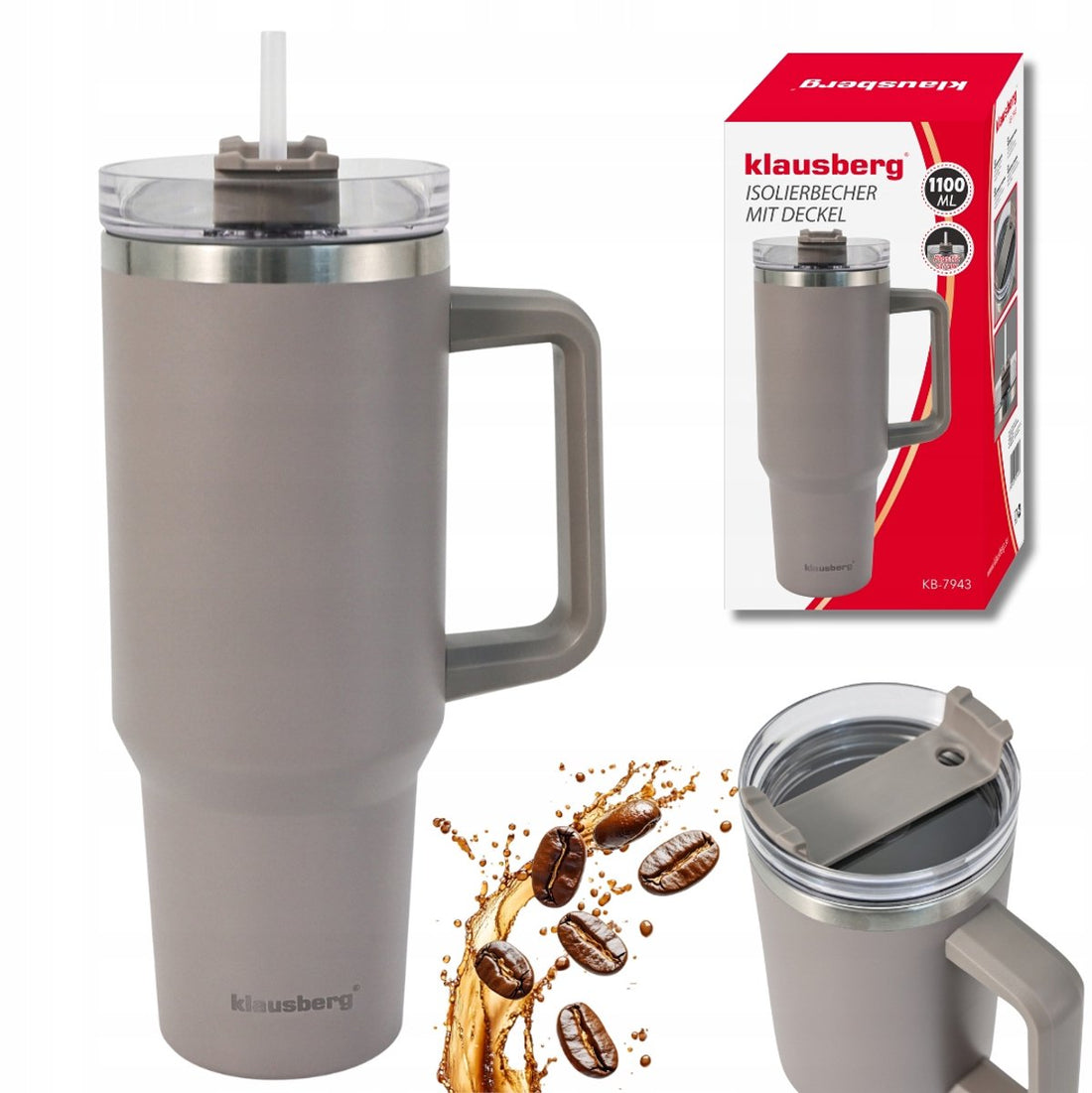 Klausberg KB-7943 thermosbeker 1100 ml – beige, met handvat en rietje