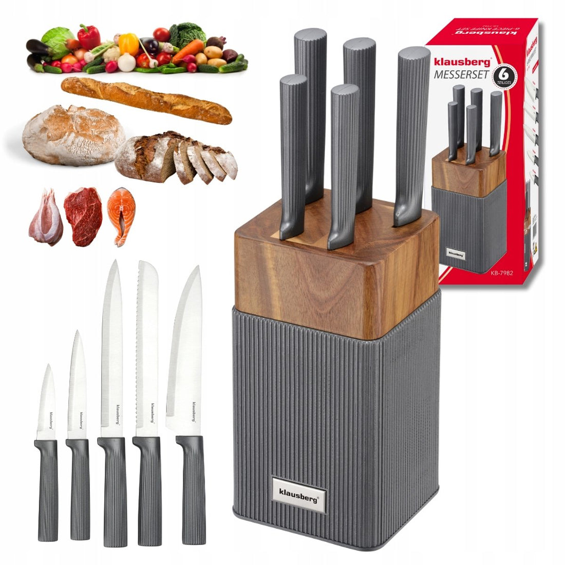 Klausberg KB-7982 messenset met blok – 6-delig, acaciahouten blok, RVS