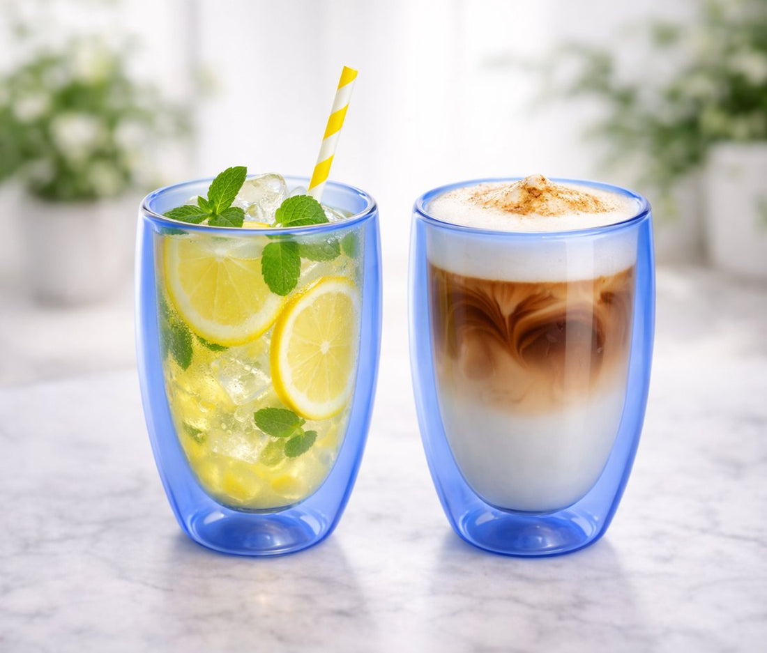 Dubbelwandige Glazen Mokken Set van 2 - 350 ml - Isolerende Theemok of Koffiemok Zonder Oor - Dubbelwandig Glas - Blauw