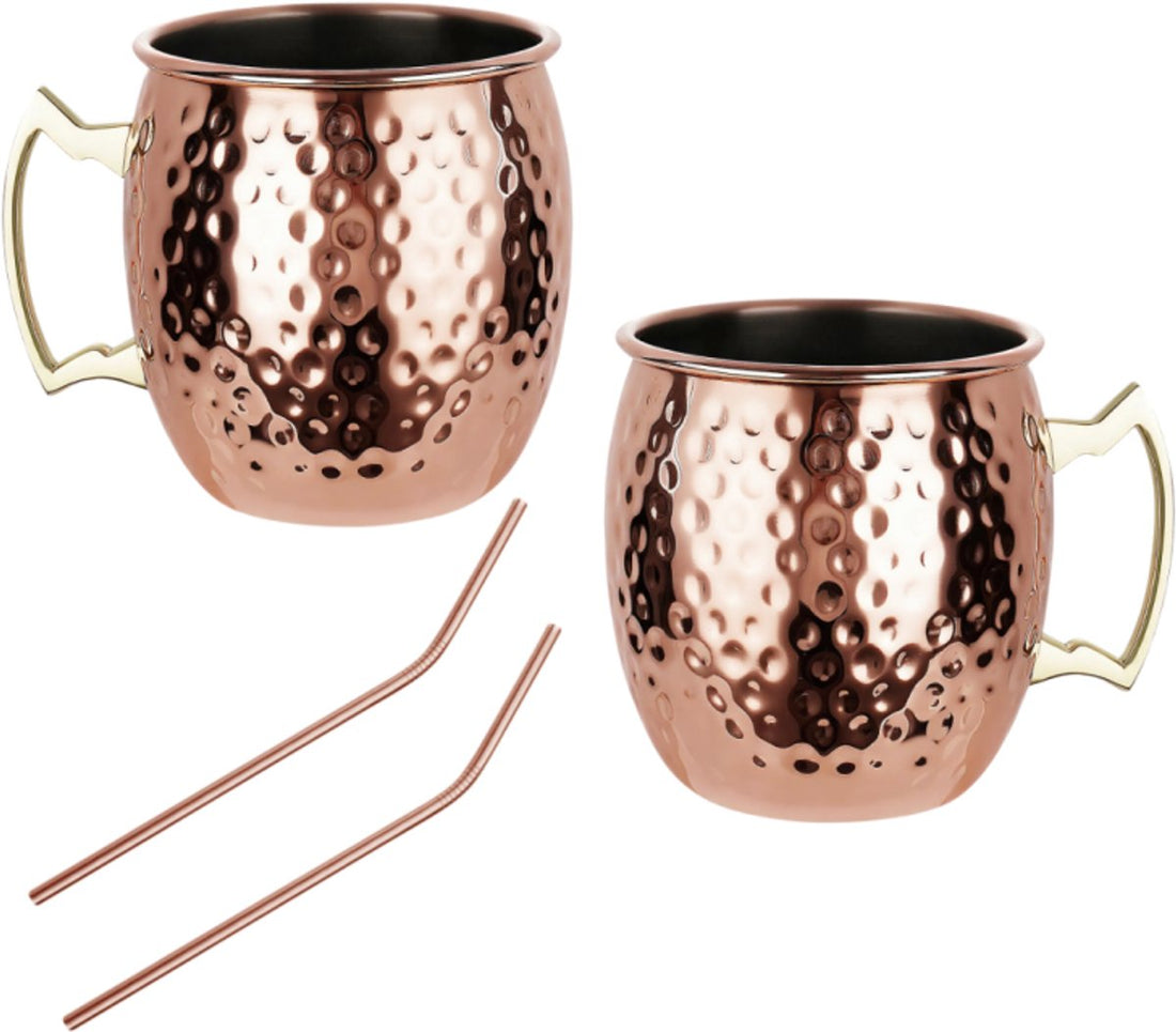 Kinghoff Moscow Mule bekerset – 2 koperkleurige bekers van 500 ml met rietjes
