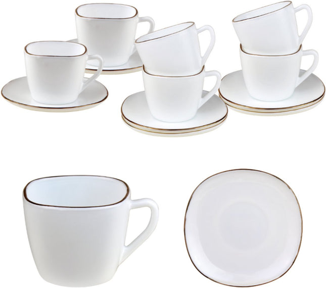 Kinghoff kop en schotel set 12-delig – vierkante kopjes 220 ml, wit met goud