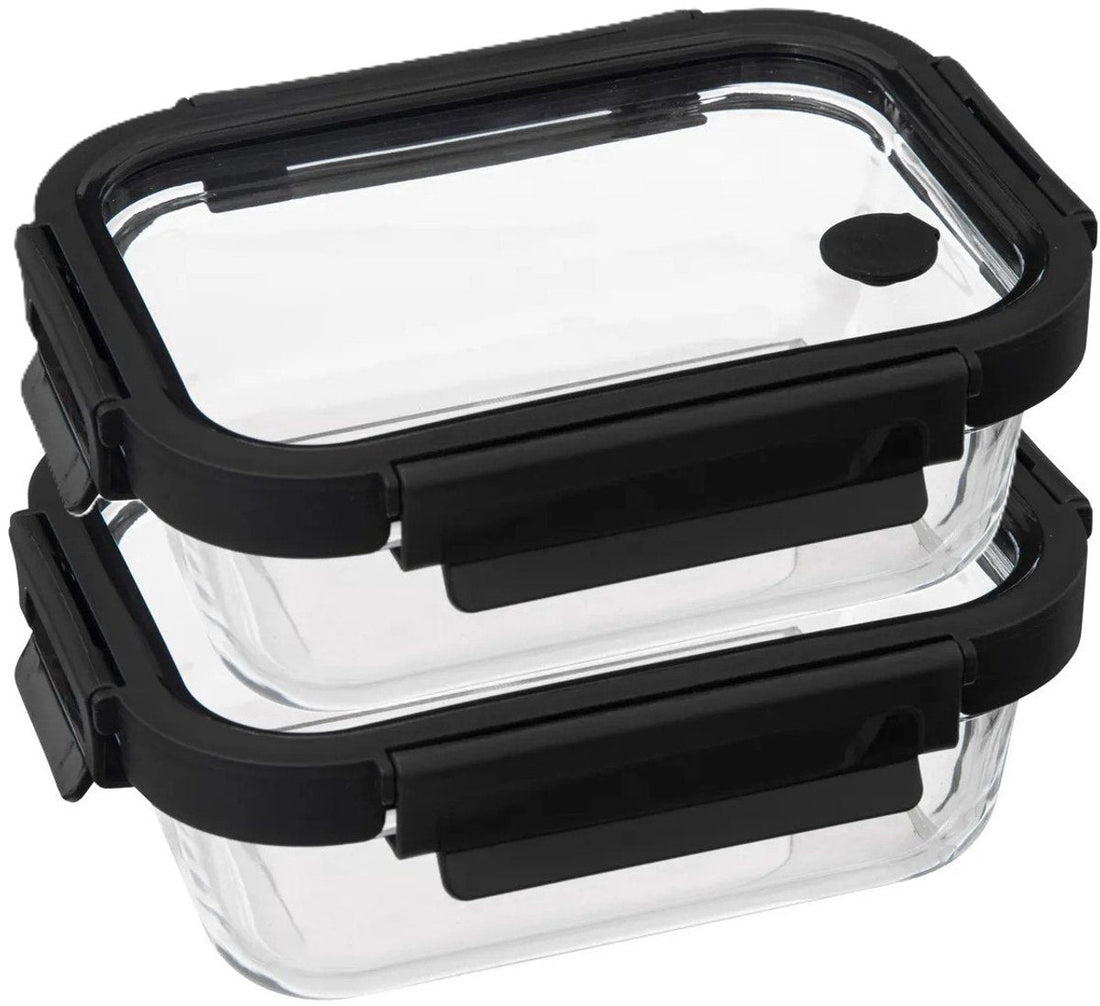 5Five Vershoudbakje met deksel - 2x - glas - luchtdicht - met clips - 19 x 14 x 7 cm - 500 ml - zwart / transparant