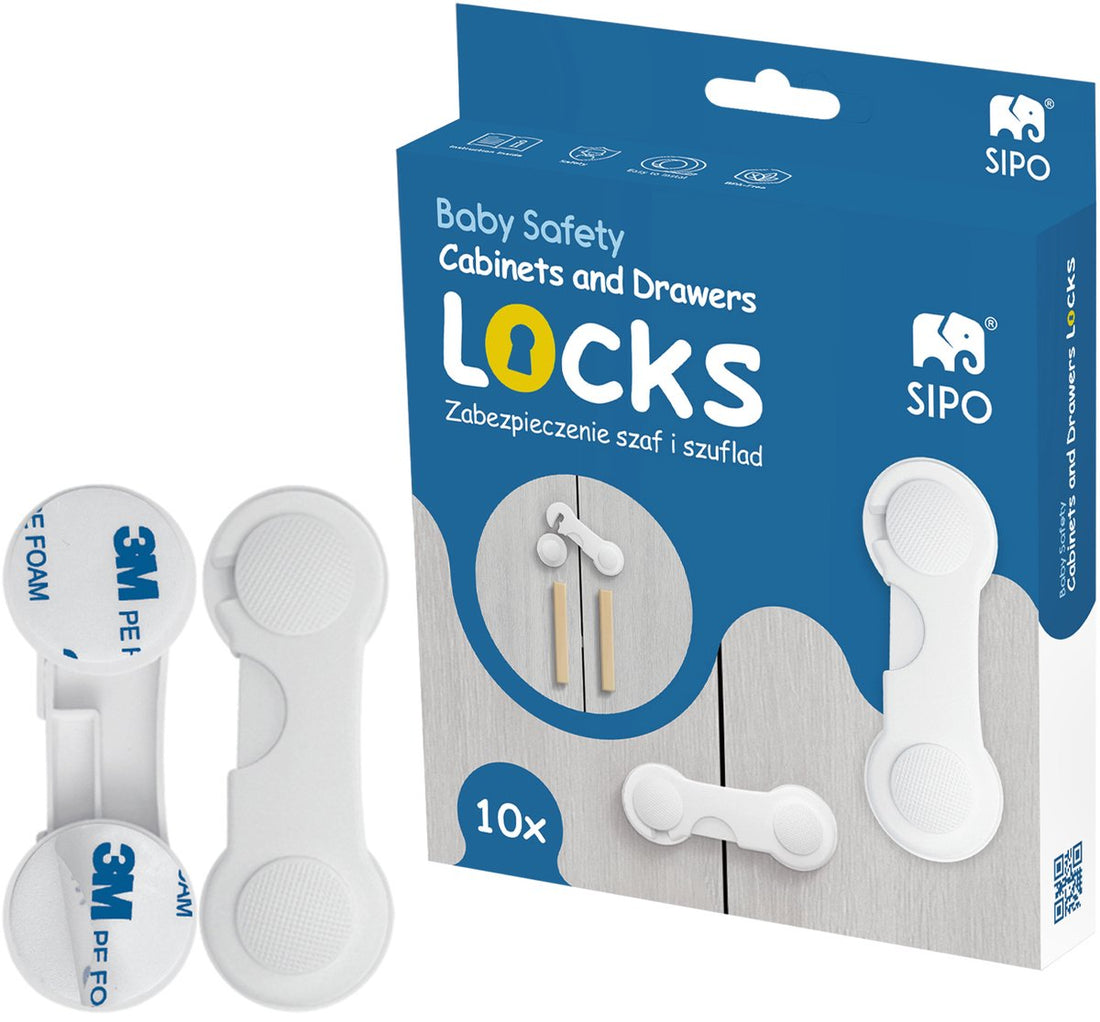 SIPO Furniture Security Set 10-Piece - Child Safety Lock for Cabinets and Drawers - Self-Adhesive White ABS Plastic - Door Safety Lock