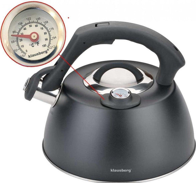 Klausberg KB-7371 zwarte fluitketel – RVS, 3 liter, met thermometer
