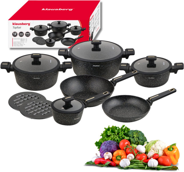 Klausberg KB-7968 pannenset 12-delig – marmer antiaanbaklaag, met wok, inductie
