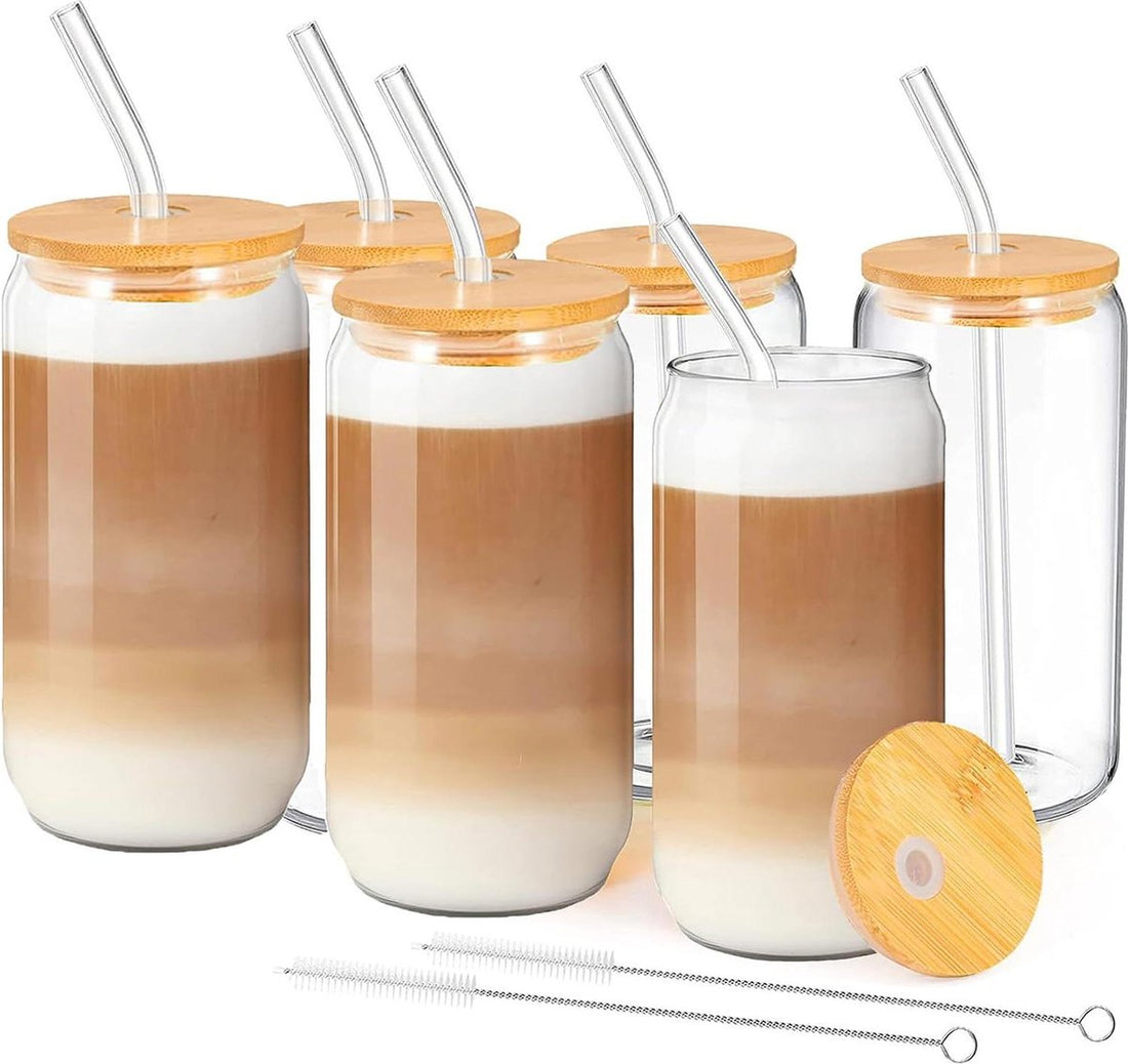 IJskoffieglazen met bamboedeksel en rietje – set van 6 drinkglazen, 500 ml