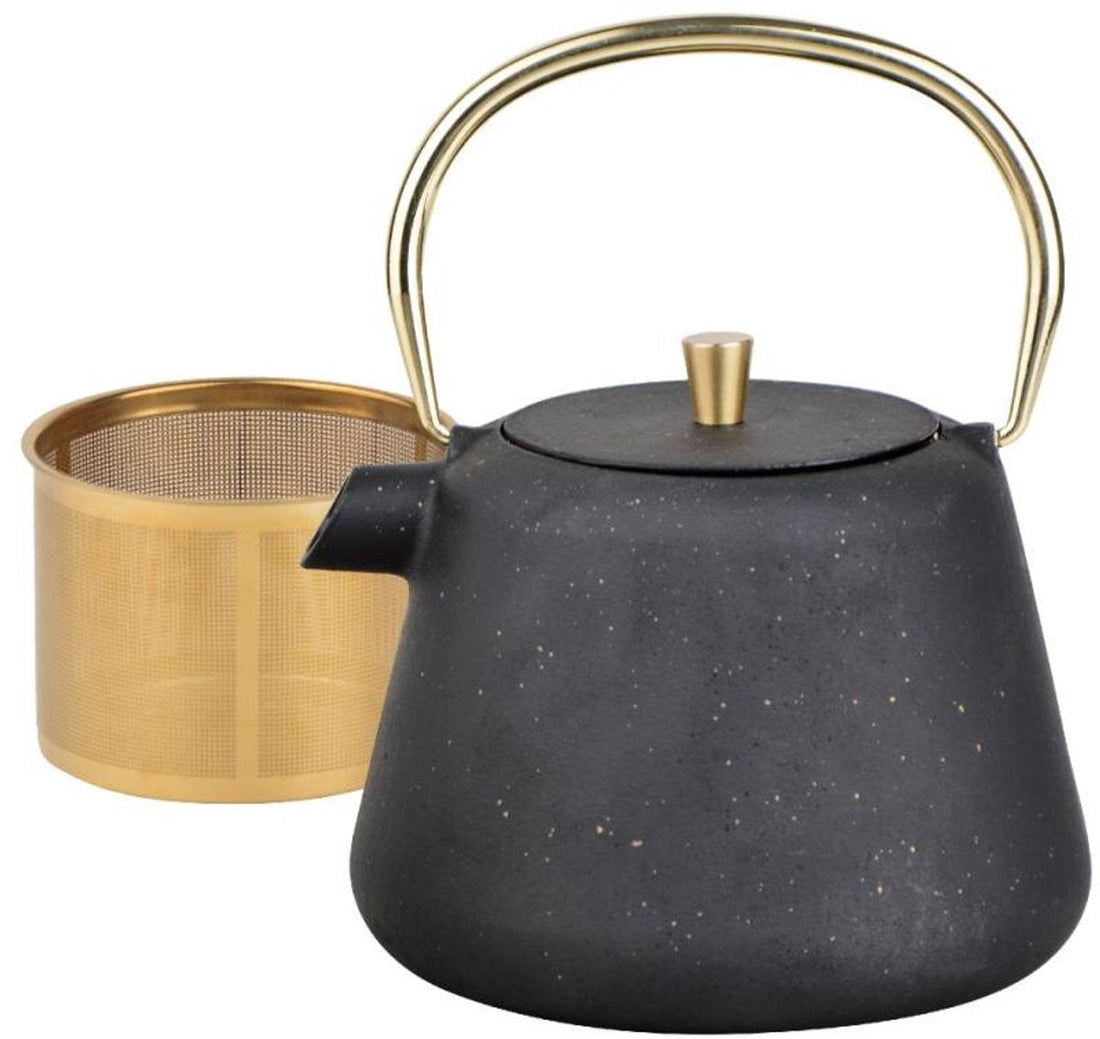 Kinghoff theepot van gietijzer met rvs zeef – 1 liter, zwart en goud
