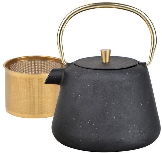 Kinghoff theepot van gietijzer met rvs zeef – 1 liter, zwart en goud