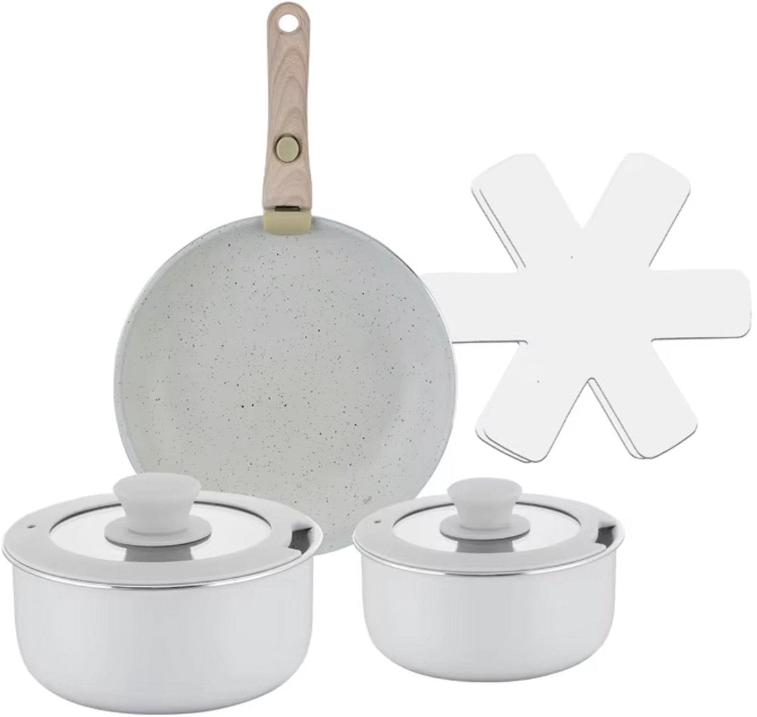 Batterie de Cuisine 8 Pièces – Blanc Élégant – Revêtement Antiadhésif Ultra Performant avec Poignée en Bois Amovible – Compatible Tous Feux