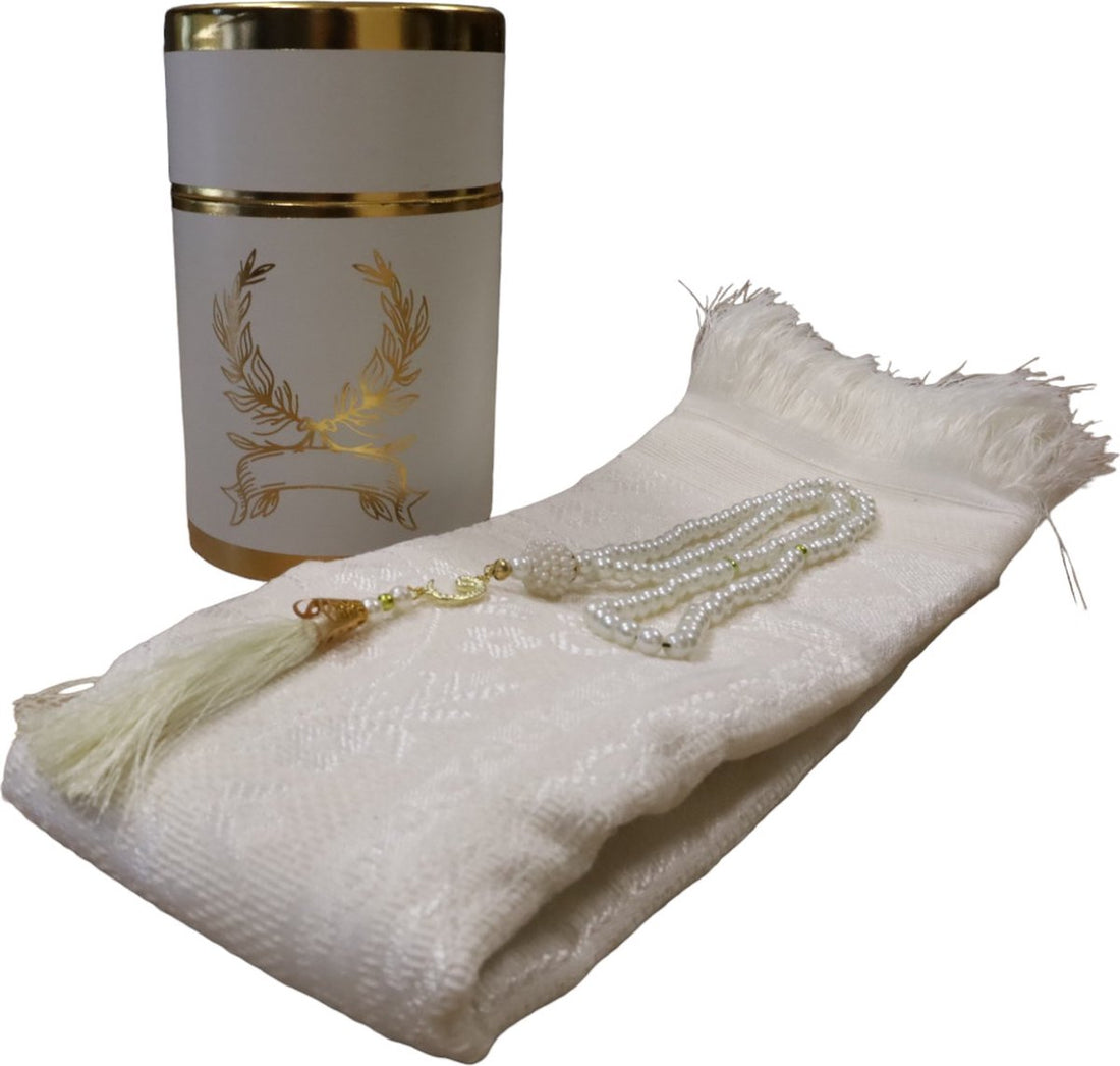 Geschenkset gebedskleed met tasbeeh – in ronde cadeaubox met gouden rand – foto 4