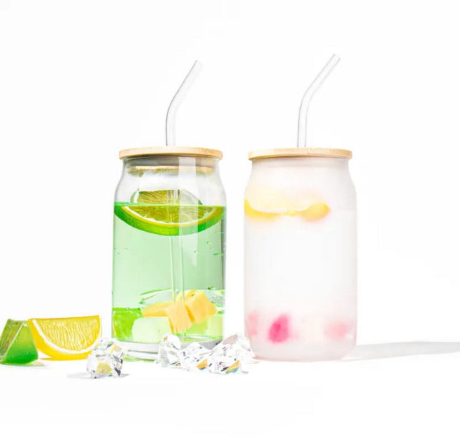 Glazen met bamboe deksel en glazen rietje – set van 2 voor iced coffee