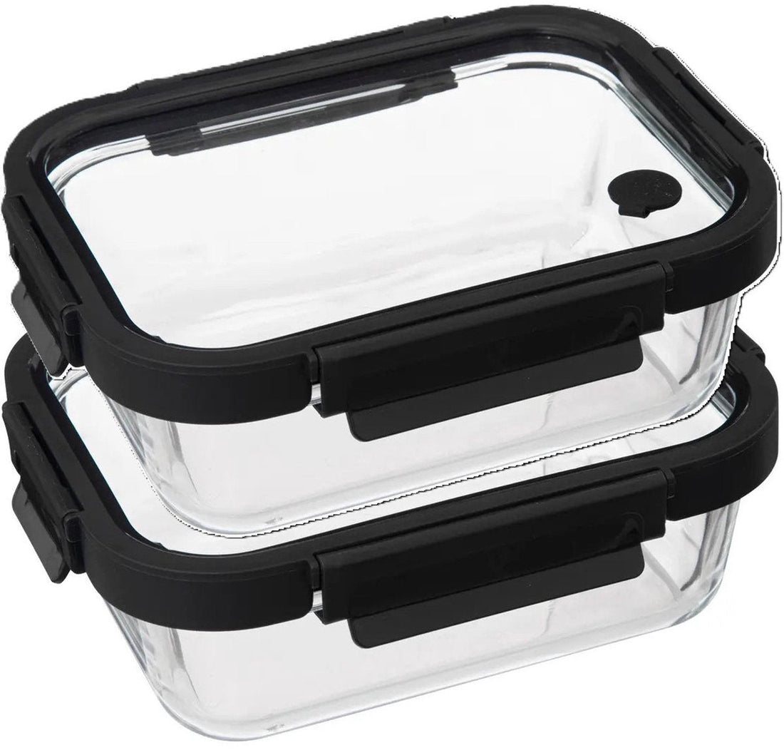 5Five Vershoudbakje met deksel - 2x - glas - luchtdicht - met clips - 21 x 17 x 7 cm - 900 ml - zwart / transparant