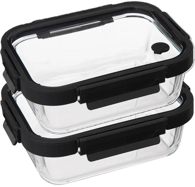 5Five Vershoudbakje met deksel - 2x - glas - luchtdicht - met clips - 21 x 17 x 7 cm - 900 ml - zwart / transparant