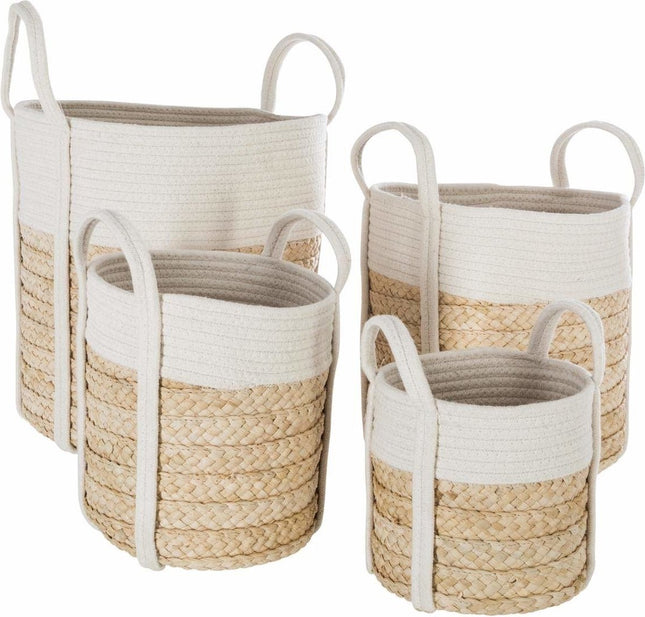 Atmosphera decoratieve manden van riet – set van 4 met katoenen handvatten