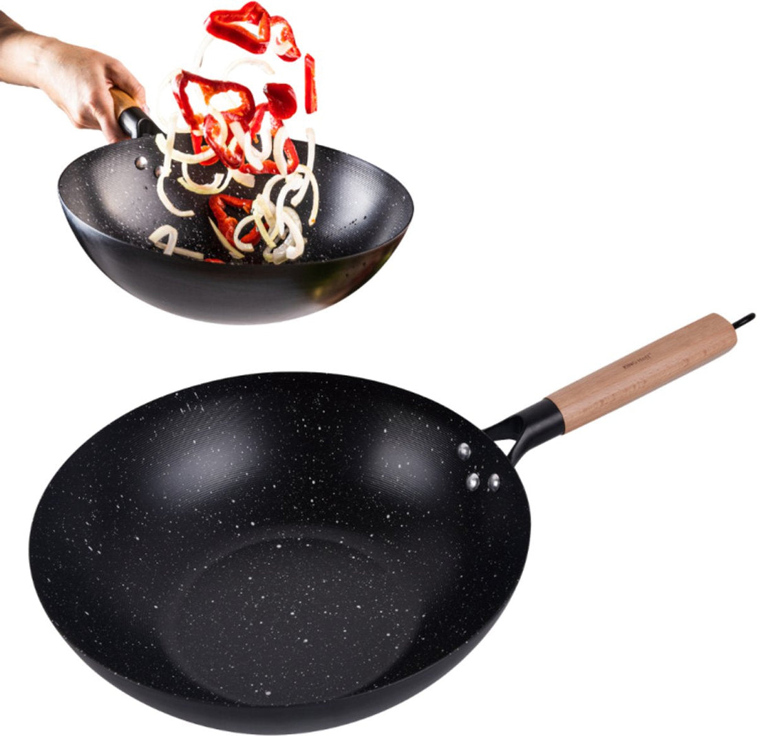 Kinghoff KH1983 wokpan 30 cm – koolstofstaal, houten handvat, ook inductie