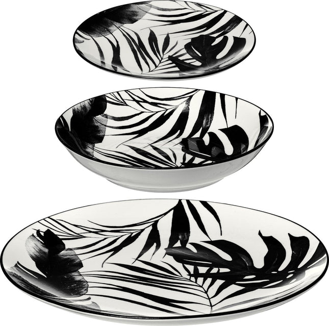 Secret de Gourmet servies Palm, 18-delig – zwart-wit porselein met bladmotief