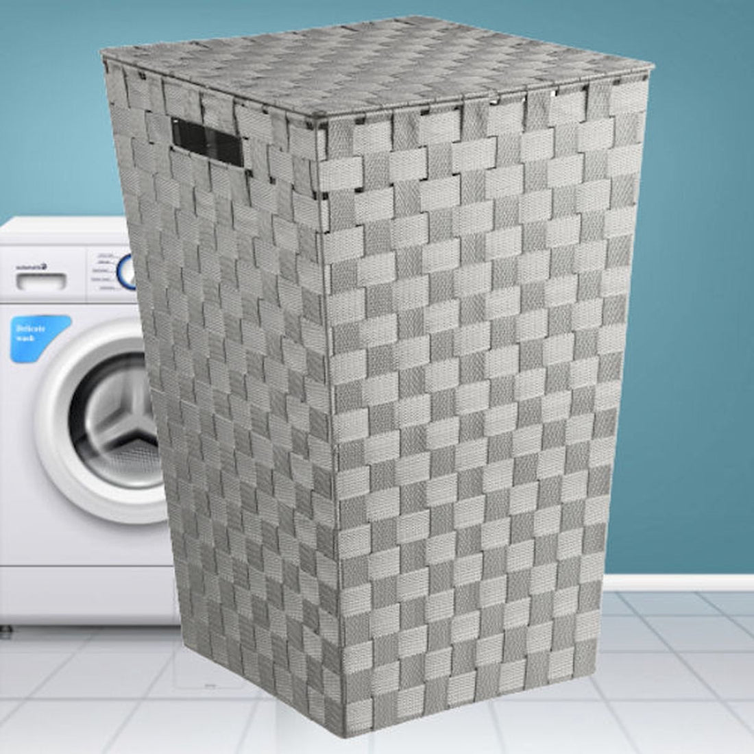 Decopatent wasmand met deksel 60 liter – geweven, grijs, 33 x 33 x 53 cm