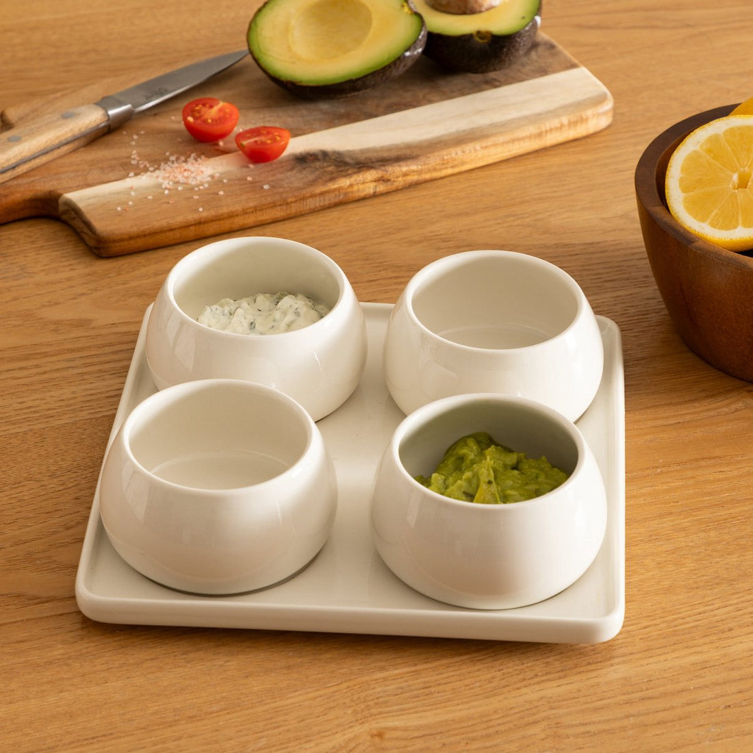 Secret de Gourmet Nora aperitiefset, 5-delig – wit, dienblad met 4 schaaltjes