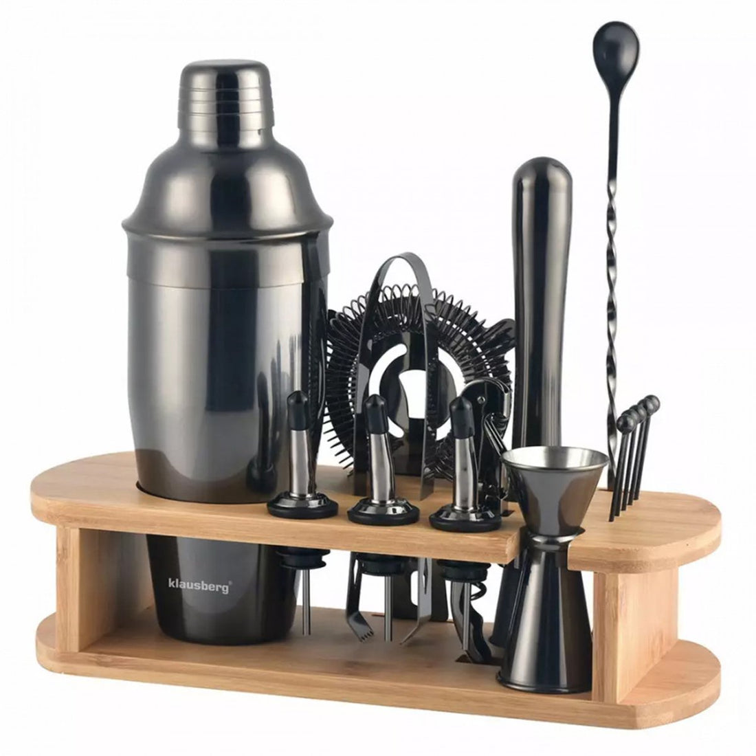 Klausberg cocktailset 16-delig met bamboe standaard – barset in zwart