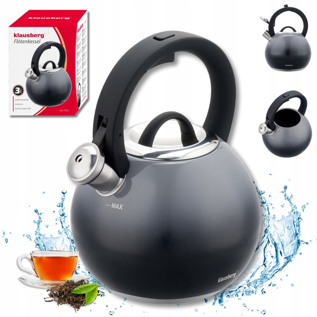 KLAUSBERG KB-7955 Whistling Kettle 3 L – Kettle – Graphite Gloss – Stainless Steel – Soft-Touch – Induction – With Whistle