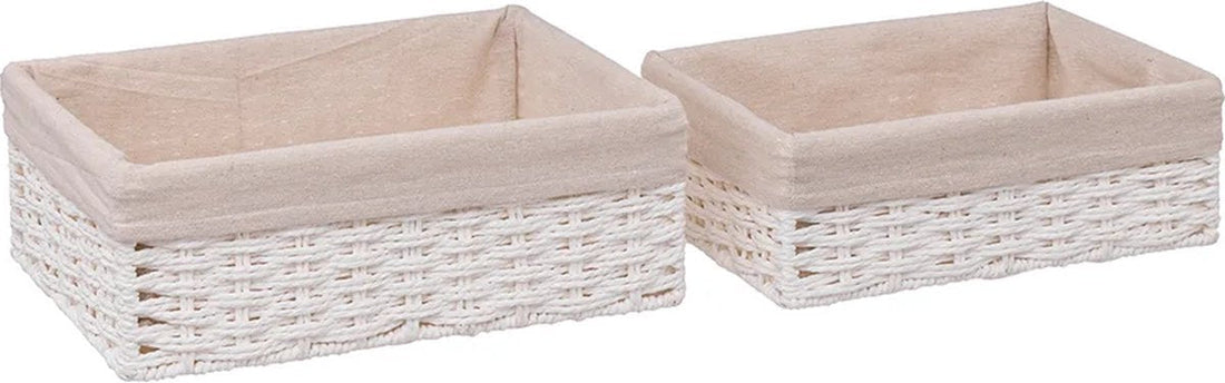5Five set van 2 witte gevlochten manden met beige stoffen inzet